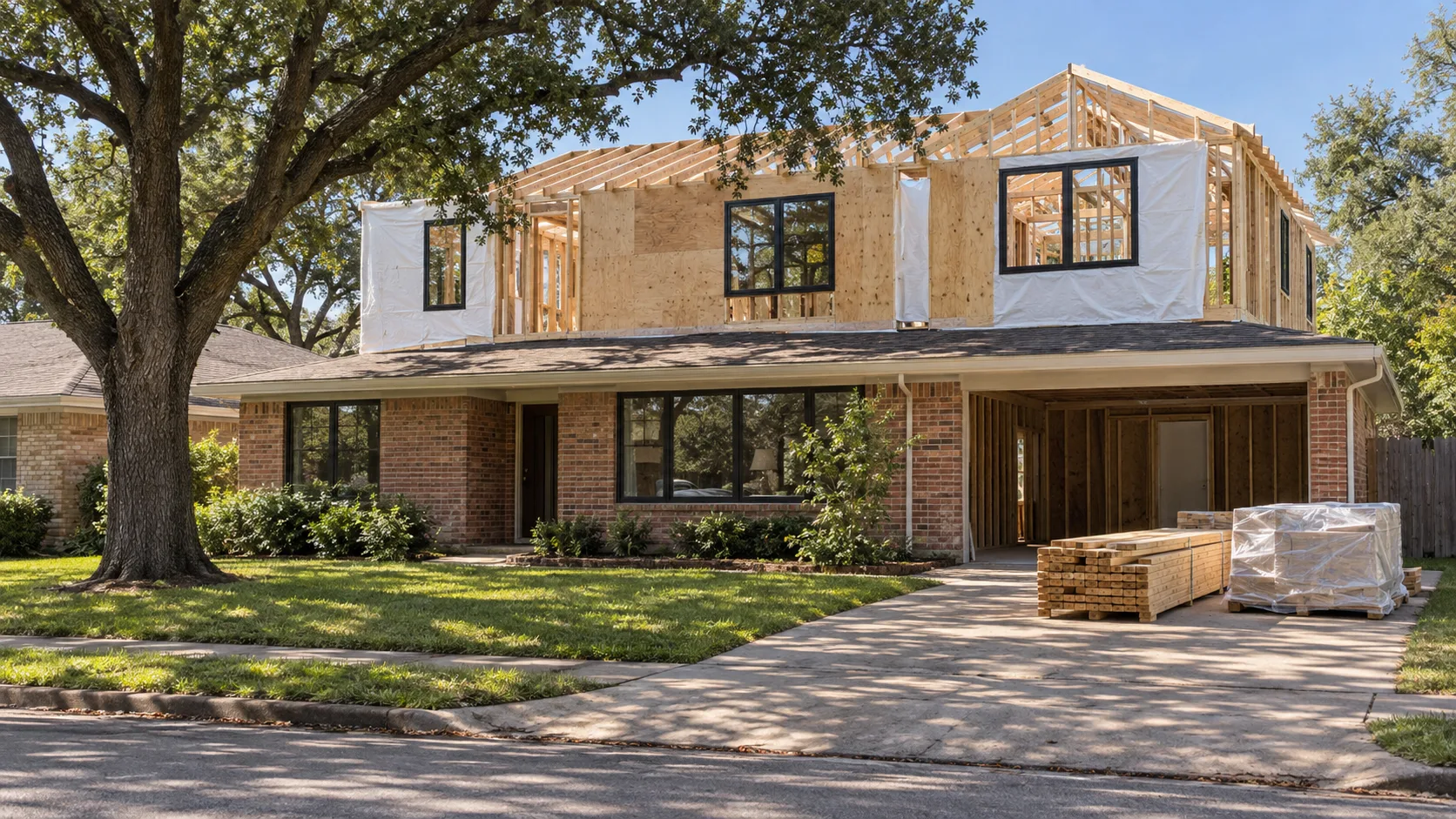 A single-story red brick ranch house with black-framed windows and an open carport, with a new second story being framed on top of it - pale wood studs and roof trusses, walls part-sheathed in plywood and part-wrapped in white house wrap, black-framed upper windows already set - behind a mature live oak and a green front lawn, with a stack of lumber and a plastic-wrapped pallet on the concrete driveway, in clear late-morning sun