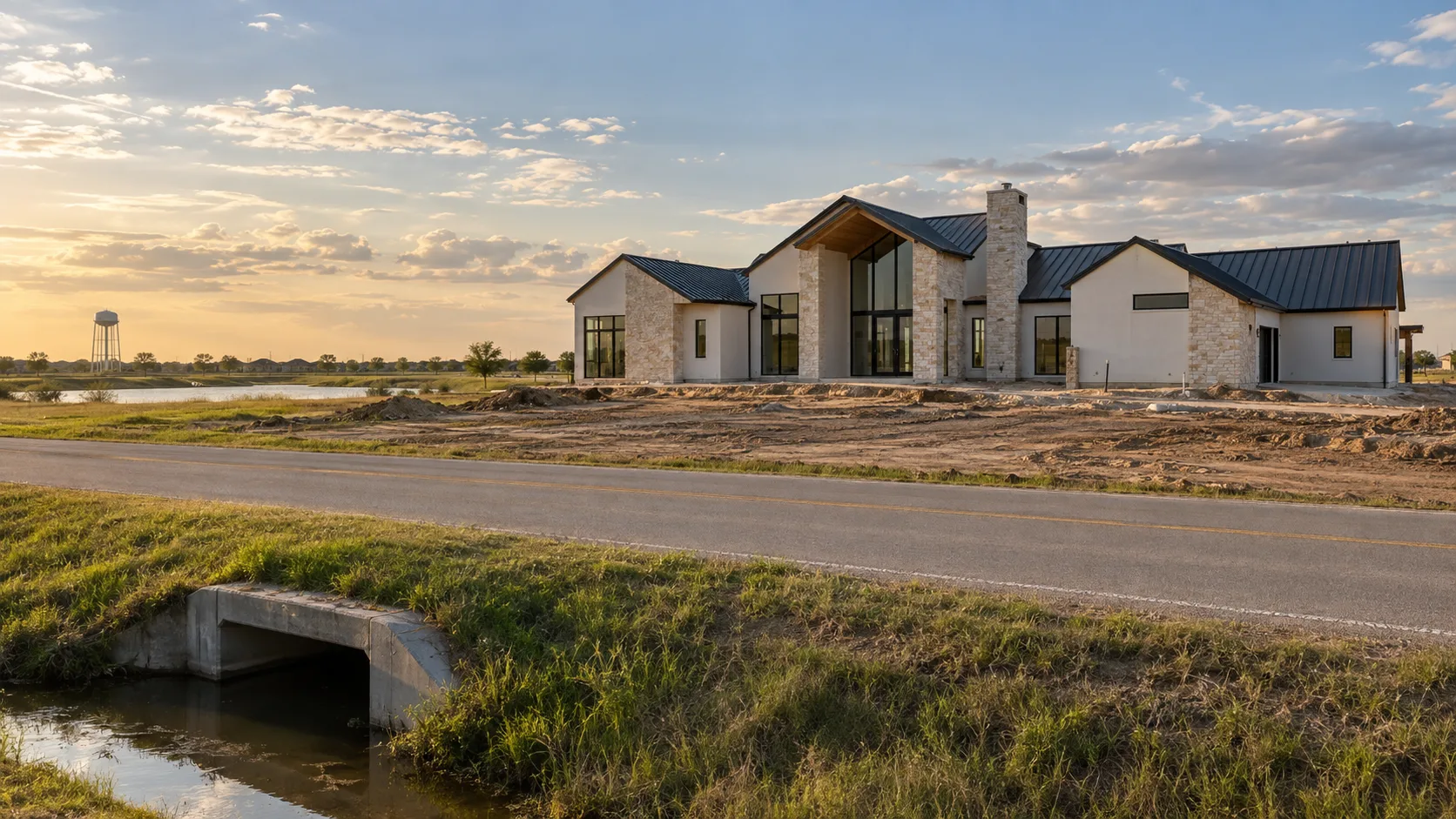A new stone and plaster house on a wide flat lot outside Houston, with a grass drainage ditch and concrete culvert running along the road in the foreground and a water tower on the horizon