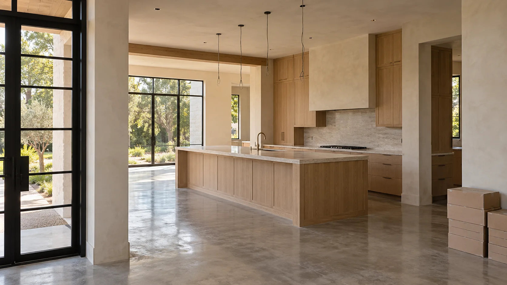 An unfinished open kitchen in a modern house in soft afternoon light - a long white oak island with a pale stone top and a brass faucet, white oak cabinetry and a plaster range hood, bare pendant wires hanging from the ceiling with no fixtures yet, a polished concrete floor, black steel glass doors on the left looking out to trees, and plain cardboard boxes stacked against the wall on the right