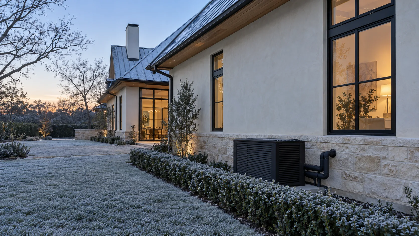 The side yard of a modern single-story house at dawn on a frosty winter morning - pale plaster walls over a cut limestone base, a standing seam metal roof with a light dusting of frost, oak soffits and black-framed windows glowing with warm interior light - with a matte black slatted equipment enclosure and black insulated pipes entering the stone wall behind a frost-covered boxwood hedge, a white-frosted lawn in the foreground and bare trees against a pale sunrise sky