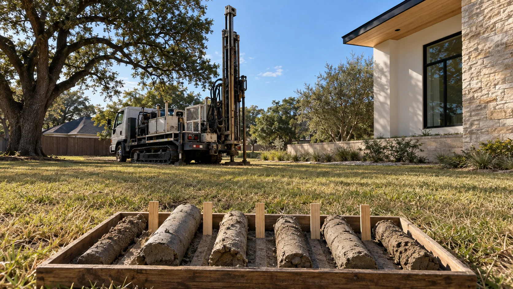 Cylindrical clay soil samples lined up in a wooden tray in the foreground of a cleared Houston residential lot, with a compact truck-mounted drill rig and a live oak behind them
