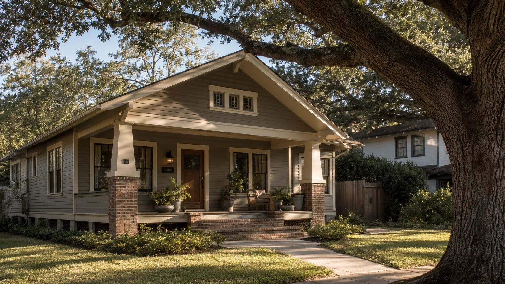 A 1920s Houston Heights bungalow with a deep front porch, wood siding and tapered porch columns, seen in warm late-afternoon light with a live oak overhead