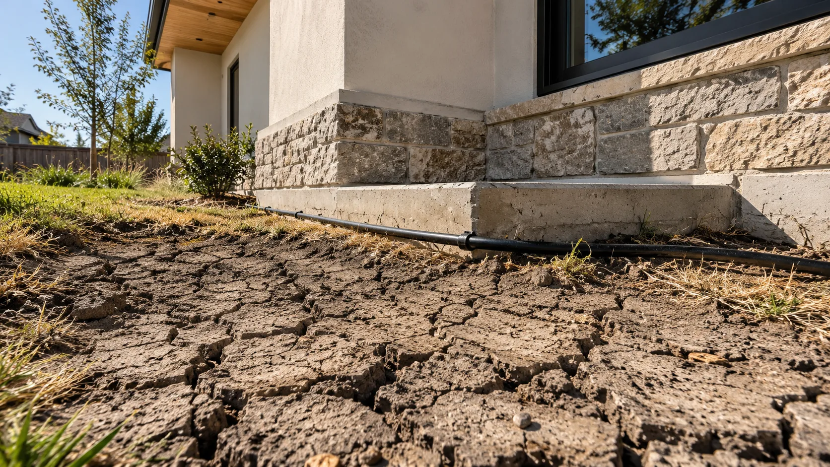 Dry cracked clay soil in the foreground of a Houston residential lot, with the exposed concrete slab edge and lower wall of a warm modern house behind it