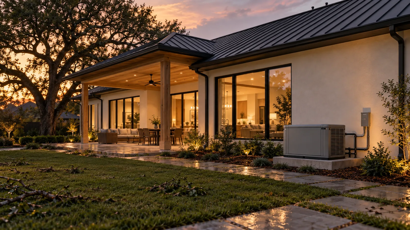 The rear elevation of a single-story modern custom home at dusk with warm light in the windows, a standby generator in a low sound-attenuating enclosure on a raised concrete pad beside matte black gas piping, light plaster walls, a white oak covered patio and a live oak in the background