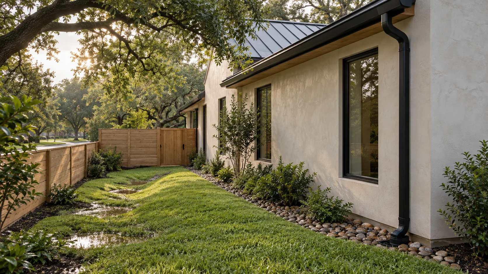The side yard of a single-story modern house with limewashed plaster walls and a matte black roof edge after rain, a black gutter and downspout feeding a buried drain line, a grassed swale sloping away from the house, river stone along the foundation and a white oak fence and gate under a live oak