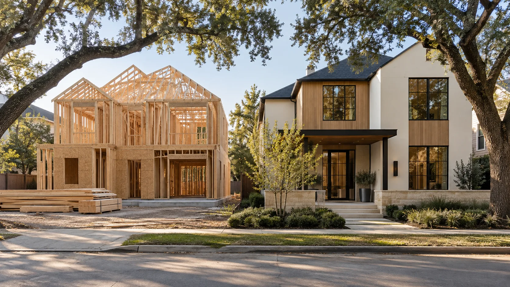 Two neighbouring houses on a Houston street under live oaks, the left one a two-story wood frame with roof trusses and partial sheathing on a concrete slab with stacked lumber on a gravel lot, the right one finished in white plaster and vertical white oak with matte black steel windows, a flat-roofed entry porch and a limestone base wall