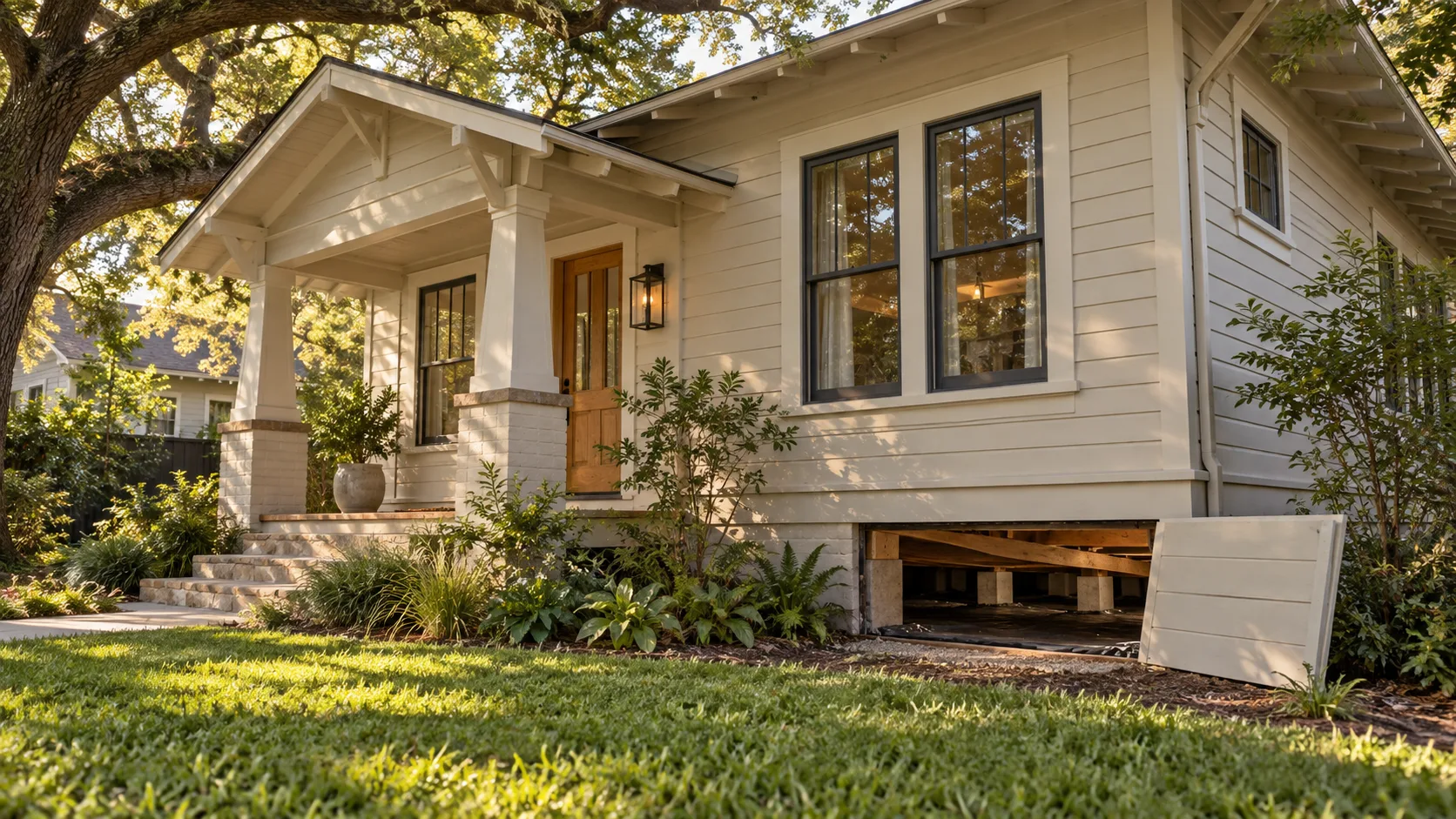 A restored 1930s wood-sided bungalow raised on a pier-and-beam foundation under a live oak, with a white oak front door, a black lantern and a craftsman porch, and the crawlspace access panel leaned against the wall to show short concrete piers and wood beams on a dark ground cover beneath the house