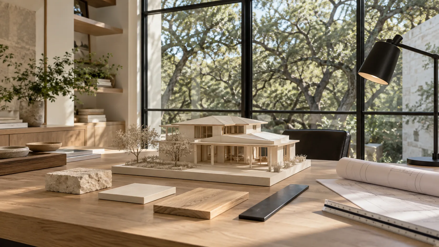 A white architectural study model of a two-story house with a deep porch and low hipped roof on a white oak worktable, beside a block of pale limestone, a white plaster sample, a white oak flooring offcut and a black steel strip, with rolled drawings, a scale ruler and a black task lamp, in front of tall black-framed windows looking onto live oaks in afternoon sun