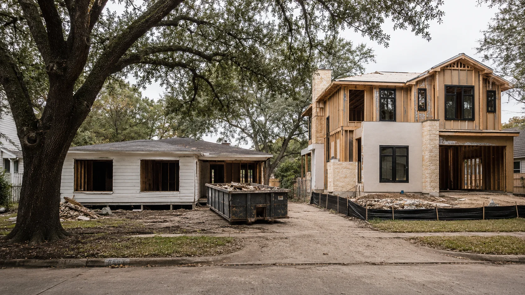 A 1950s single-storey Houston house with its interior stripped to bare wall studs and ceiling joists, seen from the front lawn beside a newly framed two-storey house on the neighbouring lot