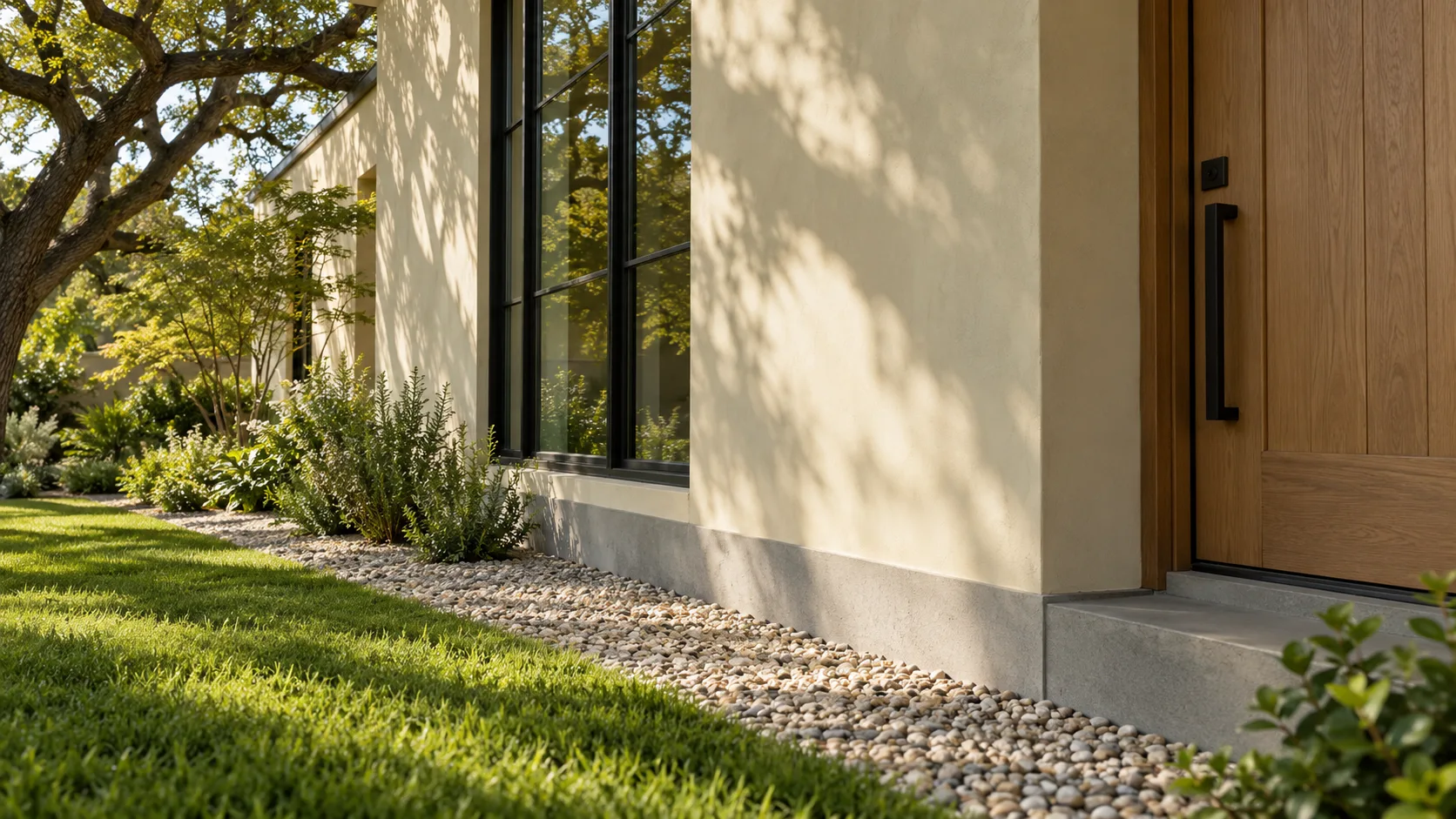 The base of a modern single-story house in dappled afternoon light - pale plaster walls and a tall black steel window meeting a clean band of exposed grey concrete slab, a strip of pale river gravel between the wall and a green lawn, low shrubs and a live oak to the left, and a white oak front door with a matte black pull handle on the right