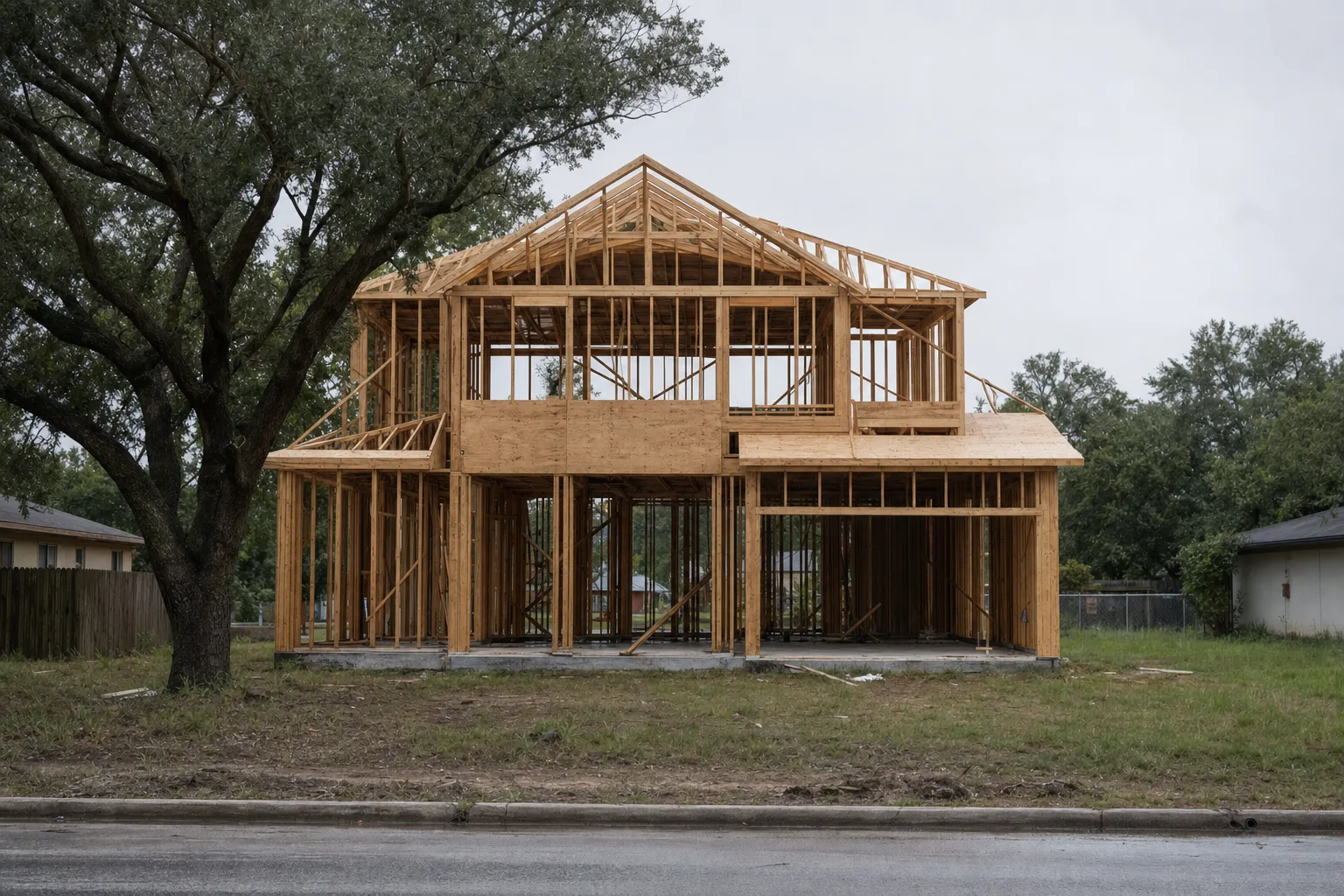 A two-storey Houston house under construction, framing exposed, seen from the street on an overcast afternoon