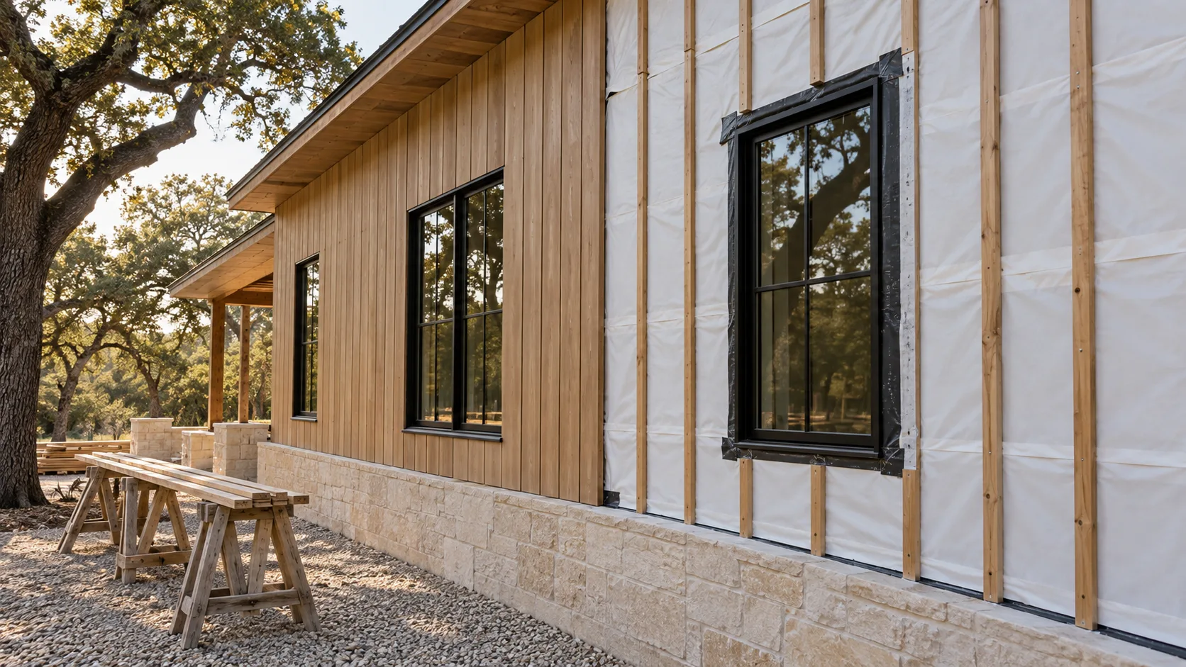 The side wall of a modern Texas house under construction, its left half finished in vertical white oak boards with matte black windows and its right half still in white housewrap with vertical wood furring strips and black flashing tape around a window, all above a pale limestone base, with sawhorses and lumber on gravel under a live oak