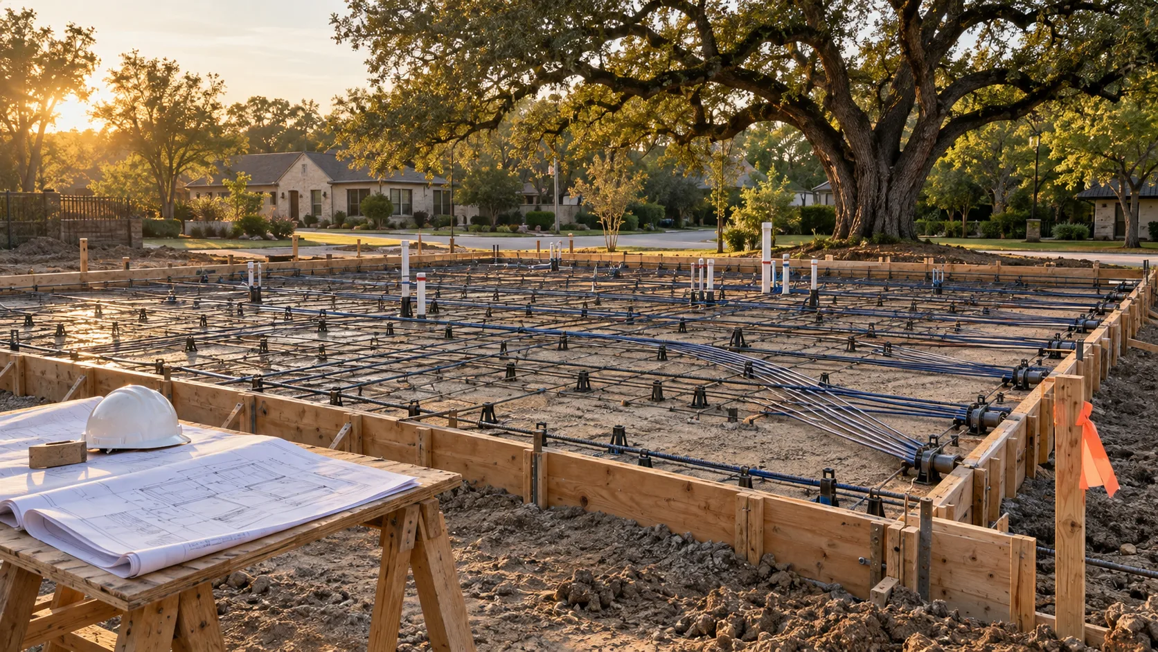 A residential slab foundation prepared inside wooden forms before a pour, with a grid of rebar and plumbing sleeves on bare clay soil, a survey stake with orange flagging, and printed plans and a hard hat on a sawhorse beside the slab, with a mature live oak and an older house in the background