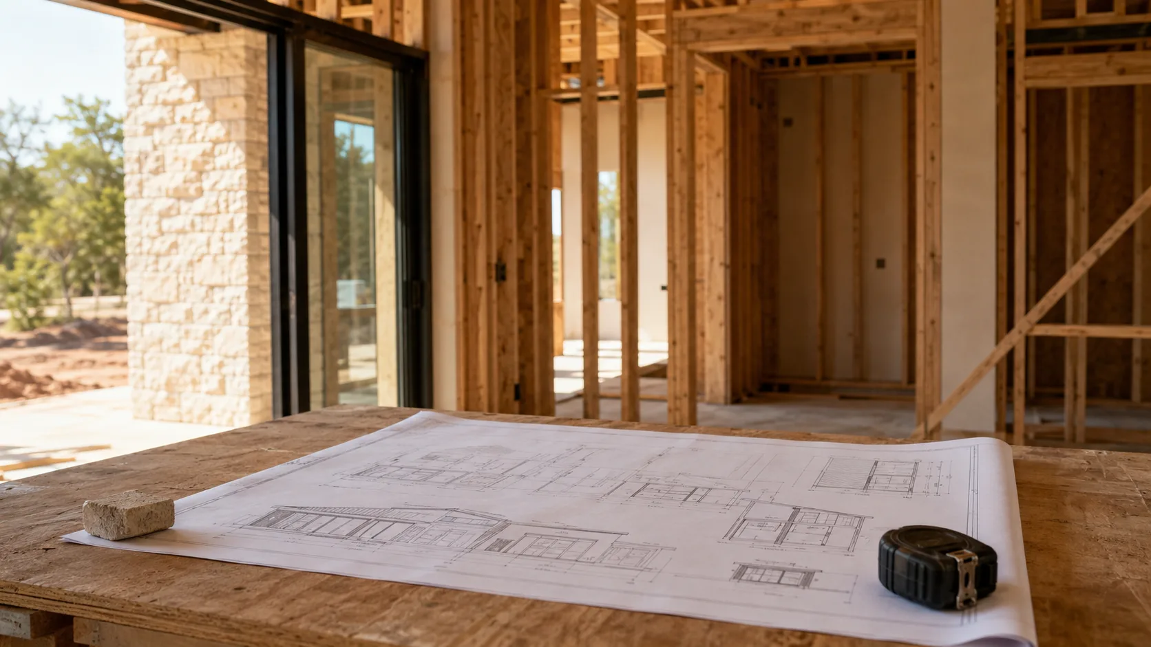 A large-format set of architectural drawings unrolled on the wood subfloor of a house under construction, weighted with a tape measure and a stone block, exposed framing and a stone exterior wall behind it